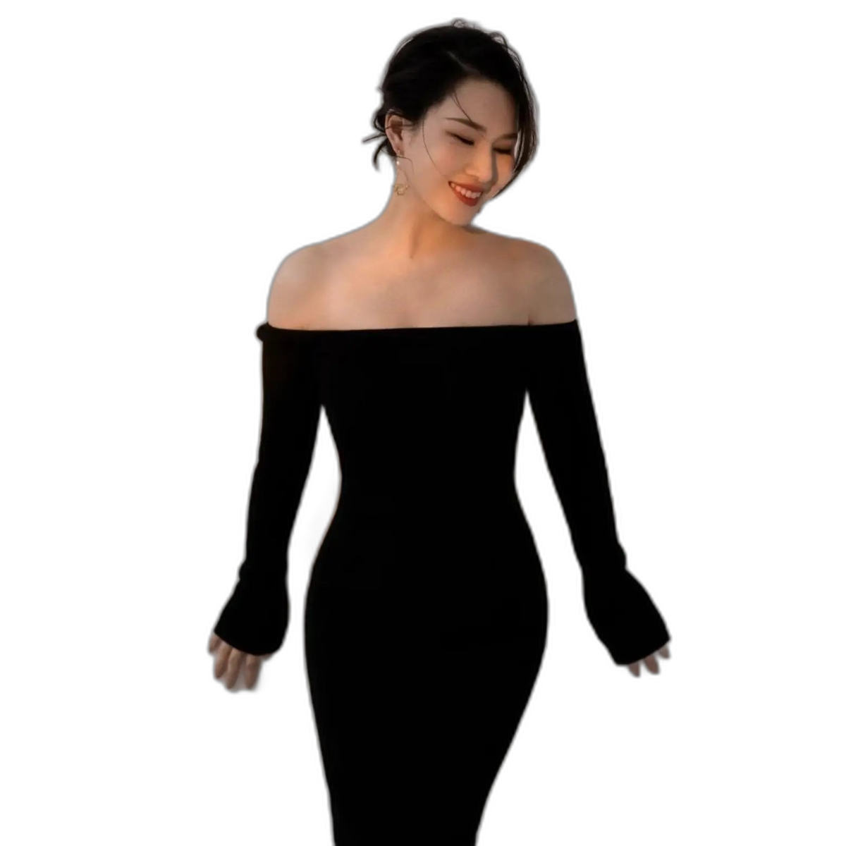 Light Off-the-Shoulder Long-Sleeve Maxi Dress with Slit