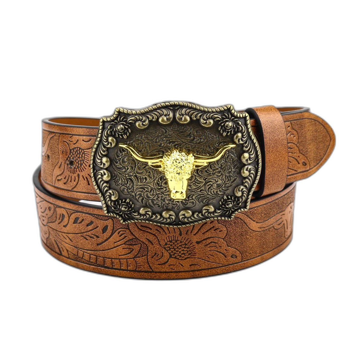 Western-Style Tooled Leather Belt with Longhorn Buckle