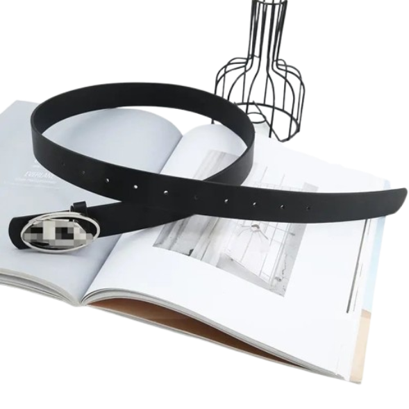 Leather Belt with Oval Logo Buckle
